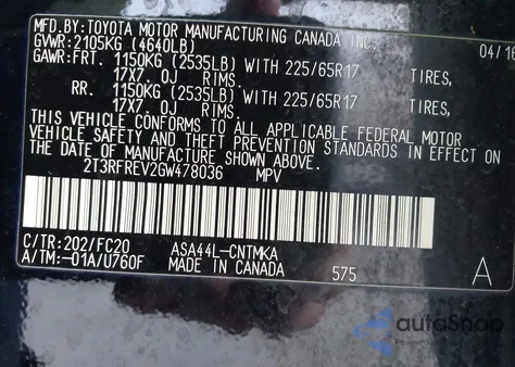 2016 Toyota Rav4 Xle из США, поврежденный, VIN 2T3RFREV2GW478036